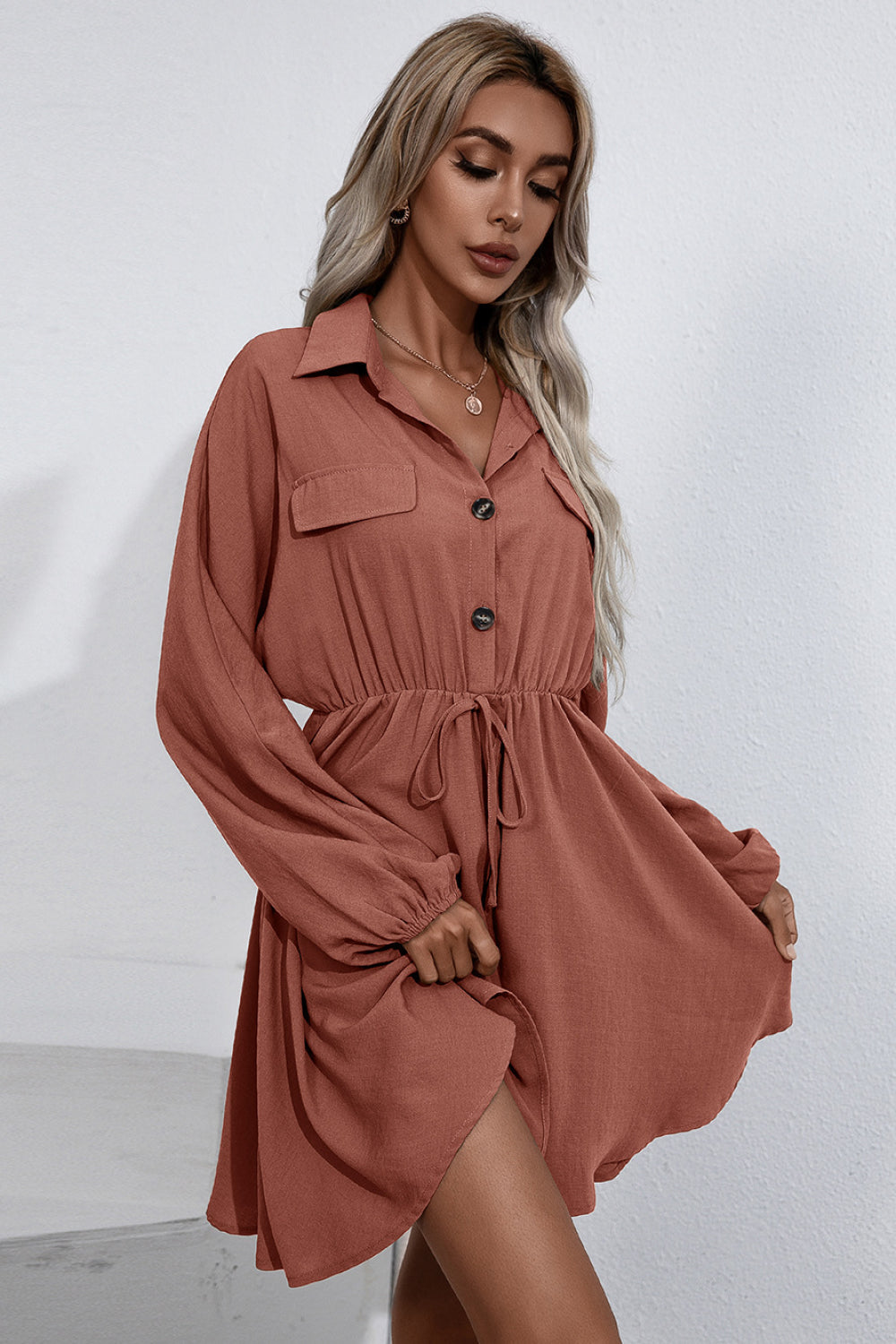 Collared Tie Waist Button Up Shirt Dress - Absolute Fashion 2020