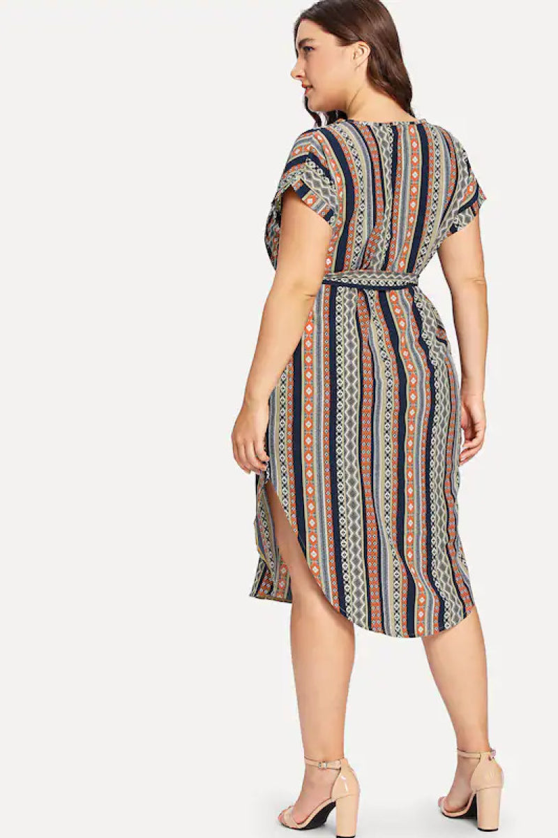 Striped V Neck Short Sleeve Belted Dress - Absolute Fashion 2020