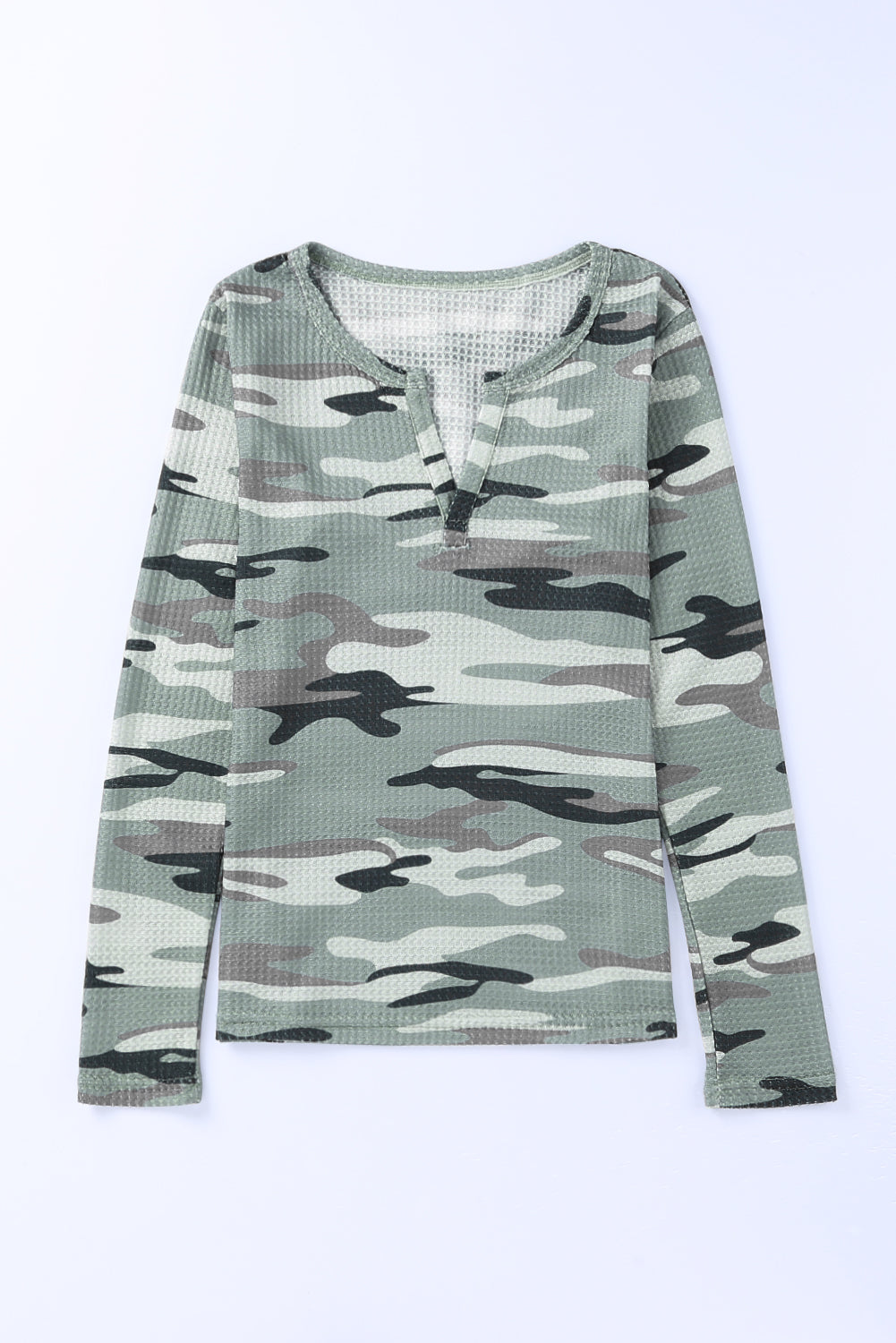 Camouflage Notched Waffle-Knit Top