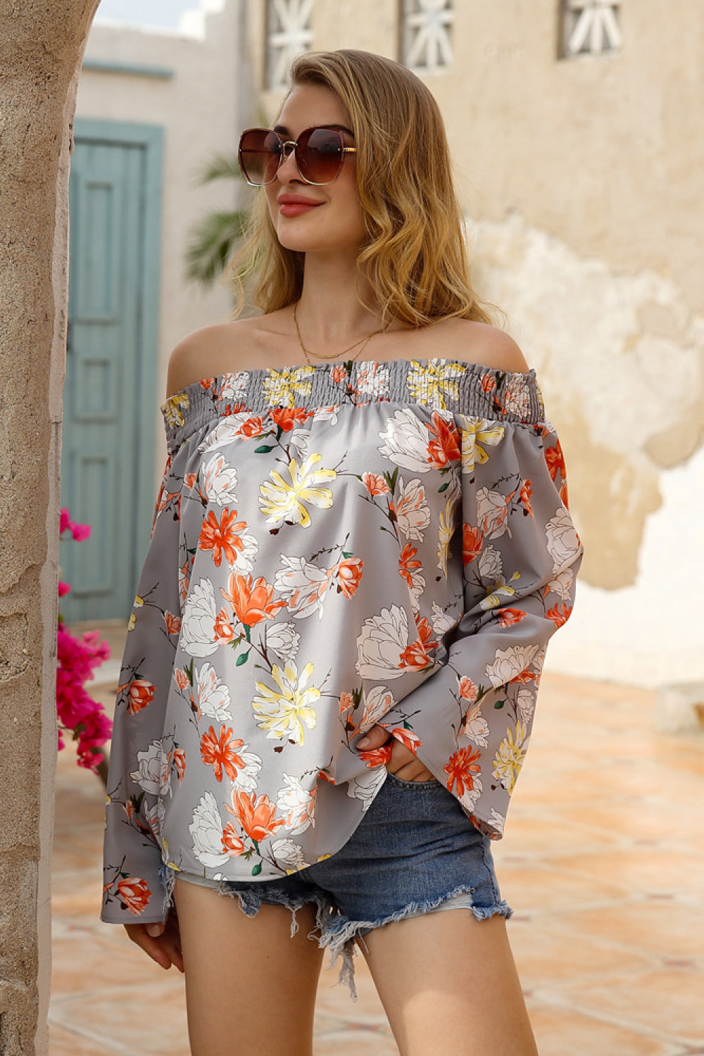 Floral Off-shoulder Long-sleeve Printed Shirt