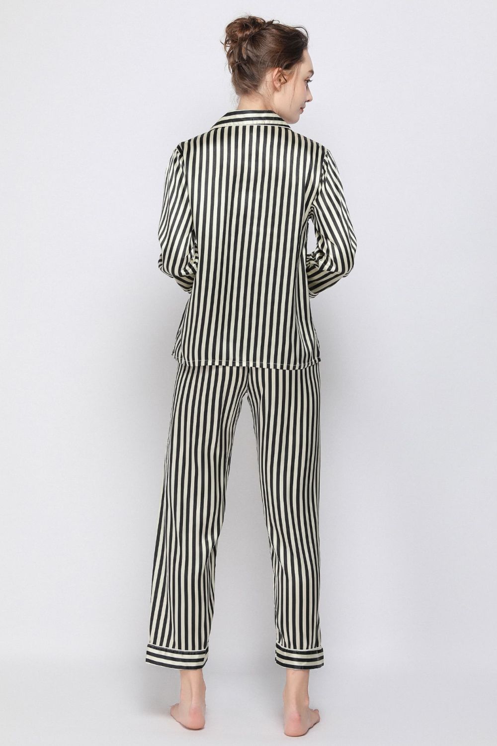 Satin Button-Up Lapel Collar Top and Pants Pajama Set