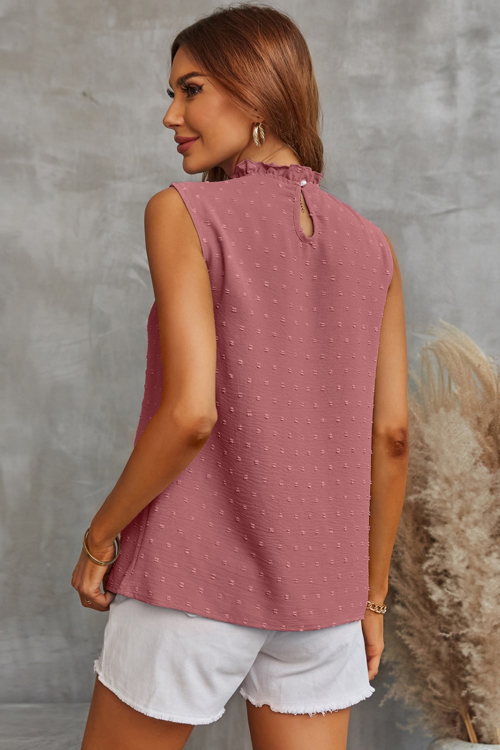 Swiss Dot Smocked Frill Trim Sleeveless Top