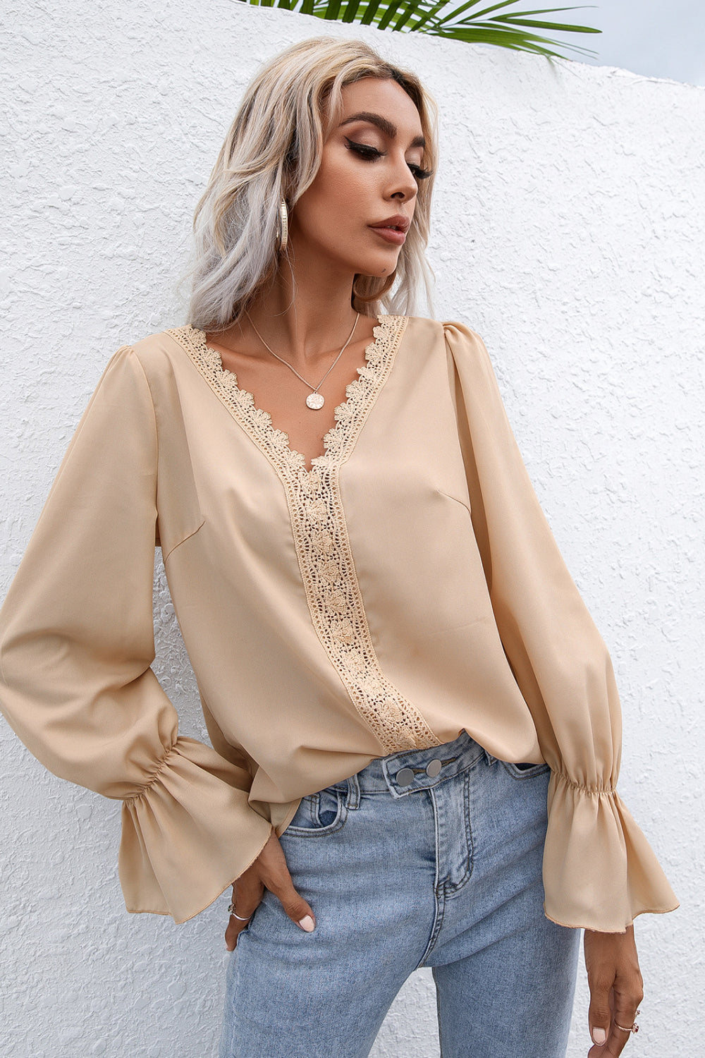 Lace Trim Flounce Sleeve Blouse - Absolute Fashion 2020