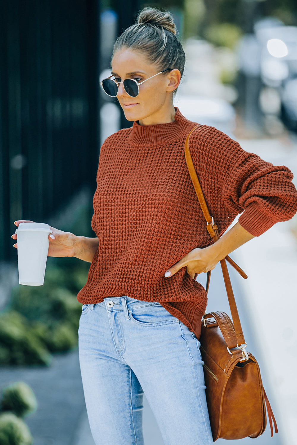 Ribbed Detail Mock Neck Waffle Sweater - Absolute Fashion 2020