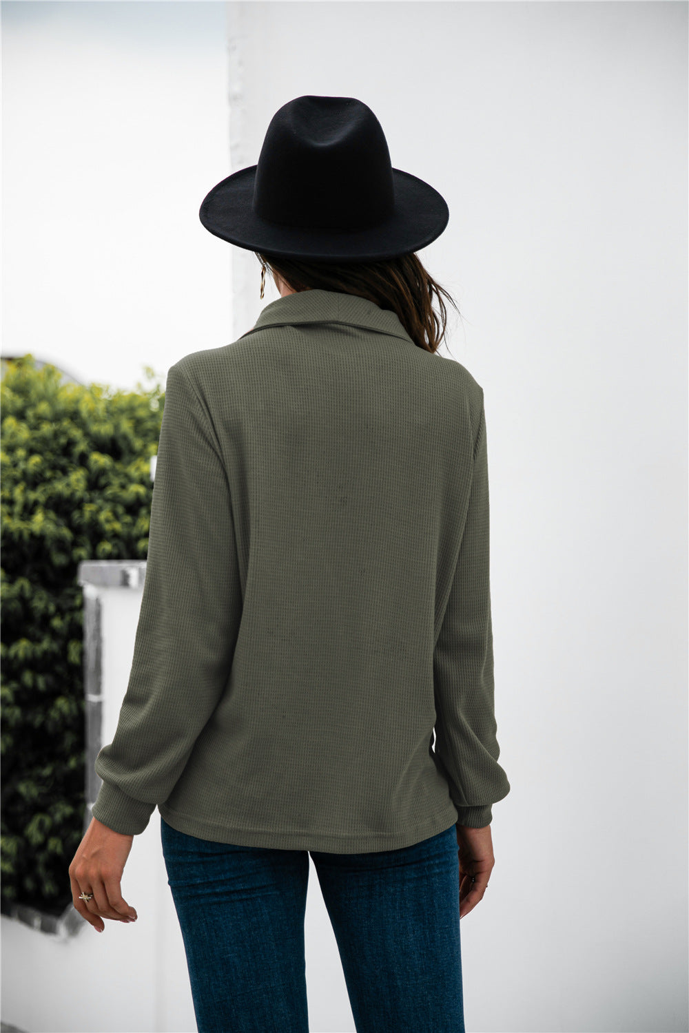 Button Lapel Collar Half Placket Top - Absolute Fashion 2020
