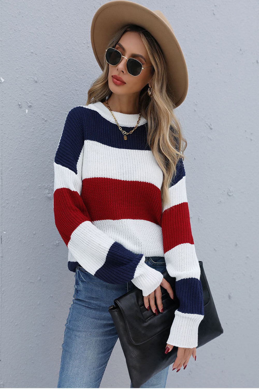 Color Block Long Sleeve Ribbed Sweater