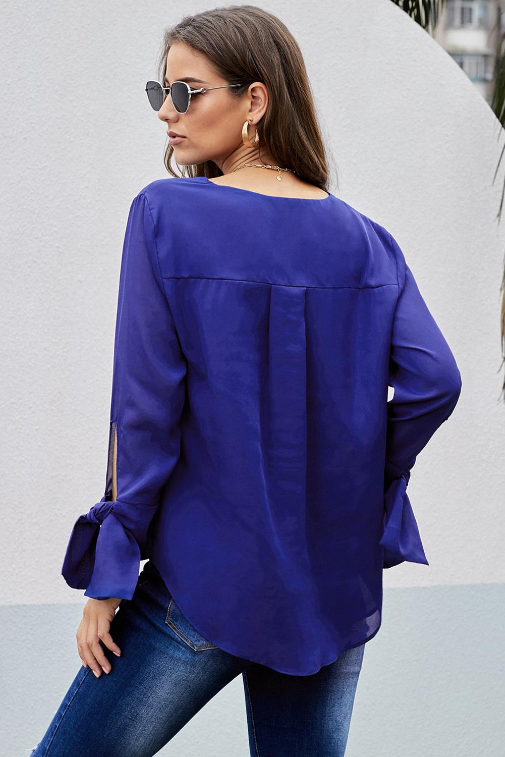 V Neck Ruched Tie Sleeve Top - Absolute Fashion 2020