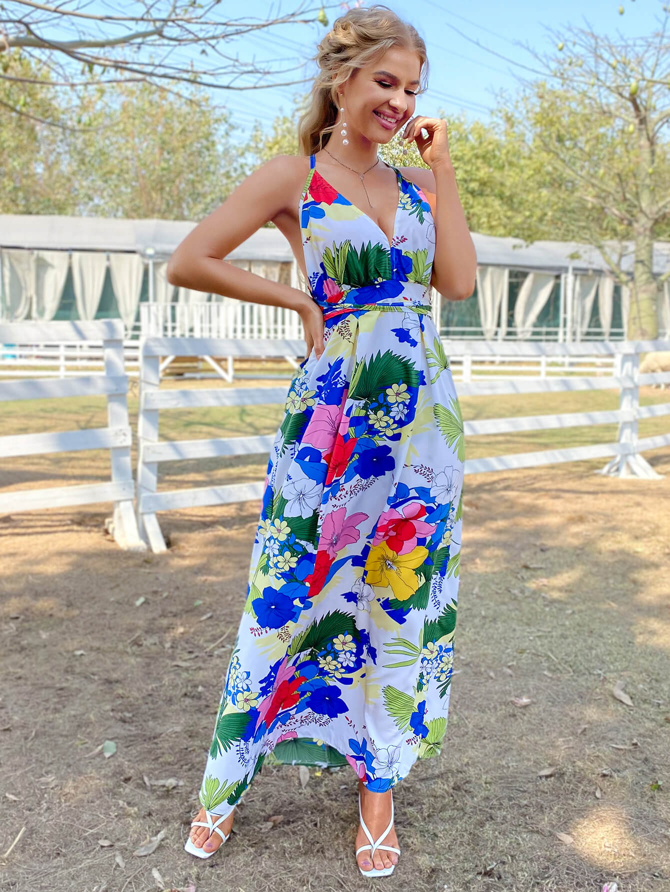 Floral Crisscross Backless Maxi Dress
