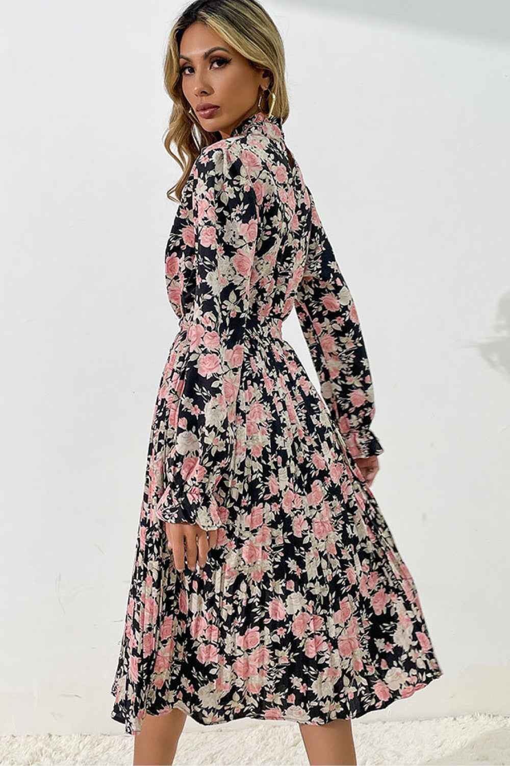 Floral Tie Waist Pleated Dress