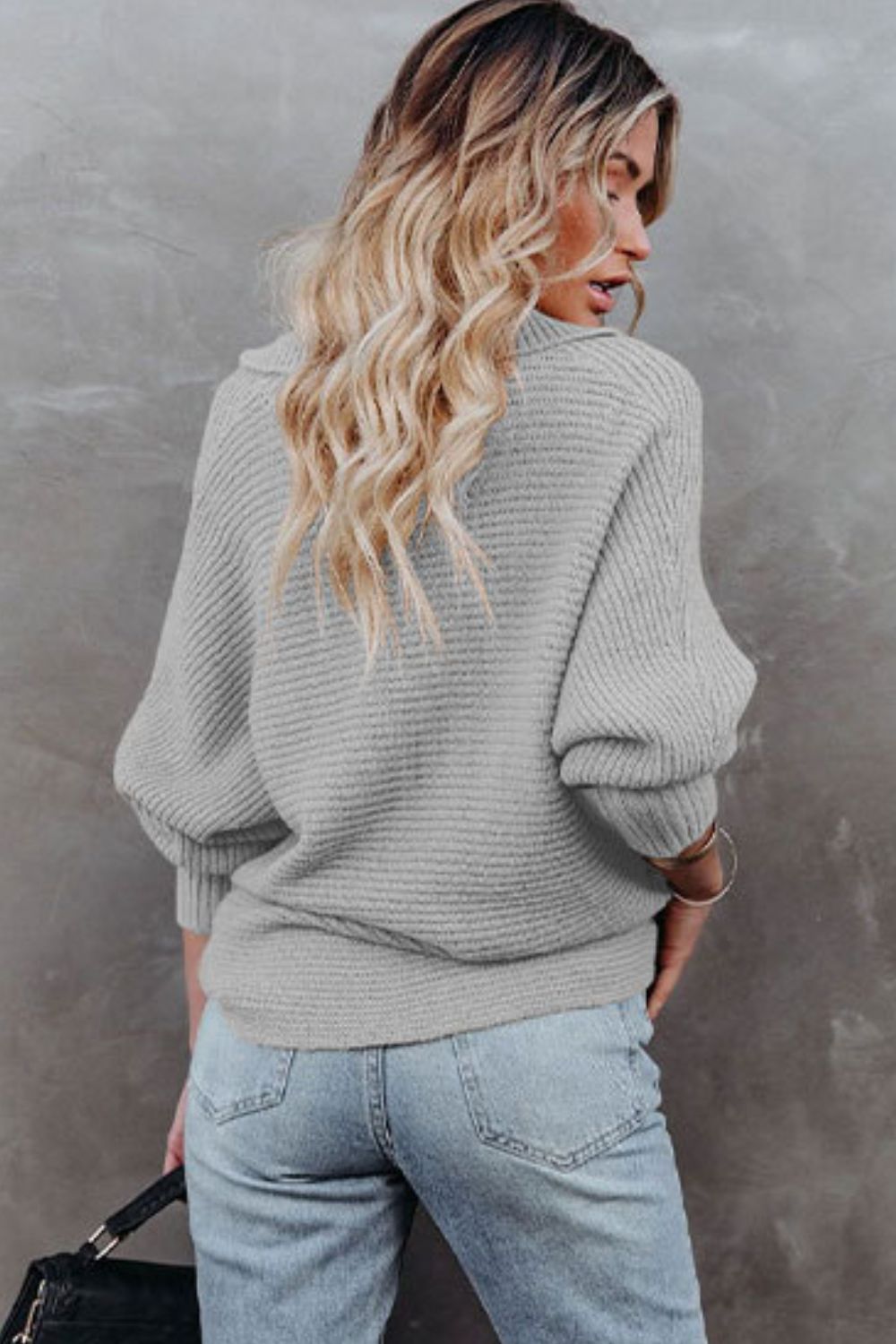 Horizontal Ribbing Johnny Collar Sweater