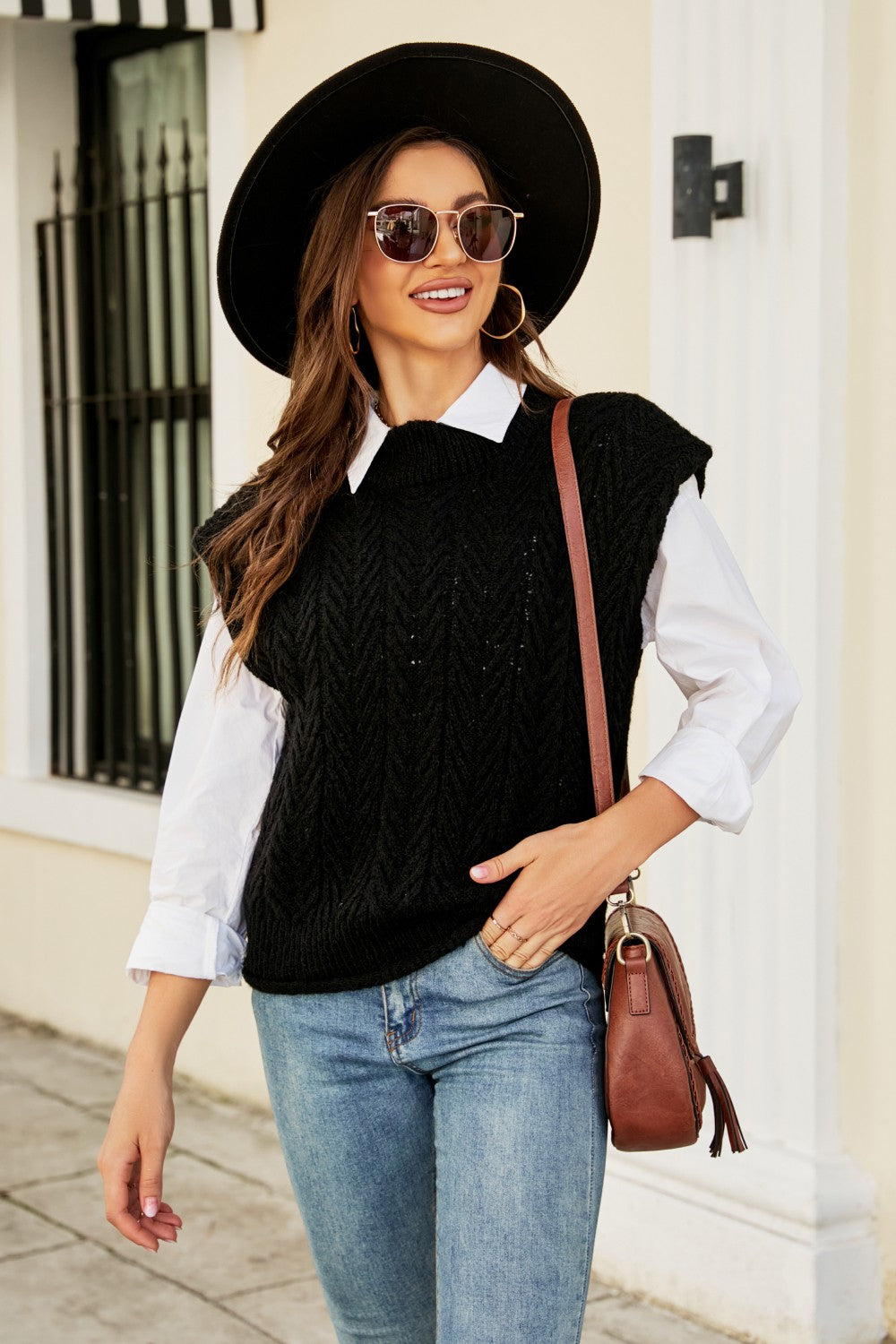 Round Neck Ribbed Trim Cap Sleeve Vest
