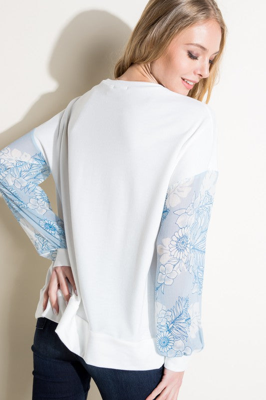 Floral Print Solid Mixed Volume Sleeve Top