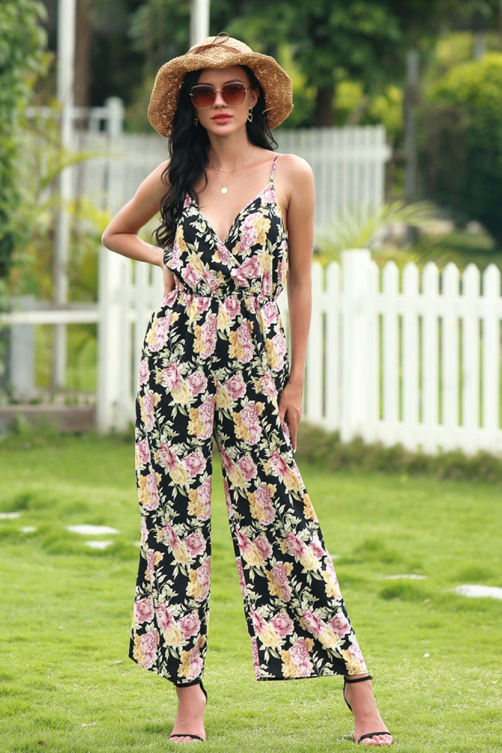 Floral Print Deep V-neckline Jumpsuits