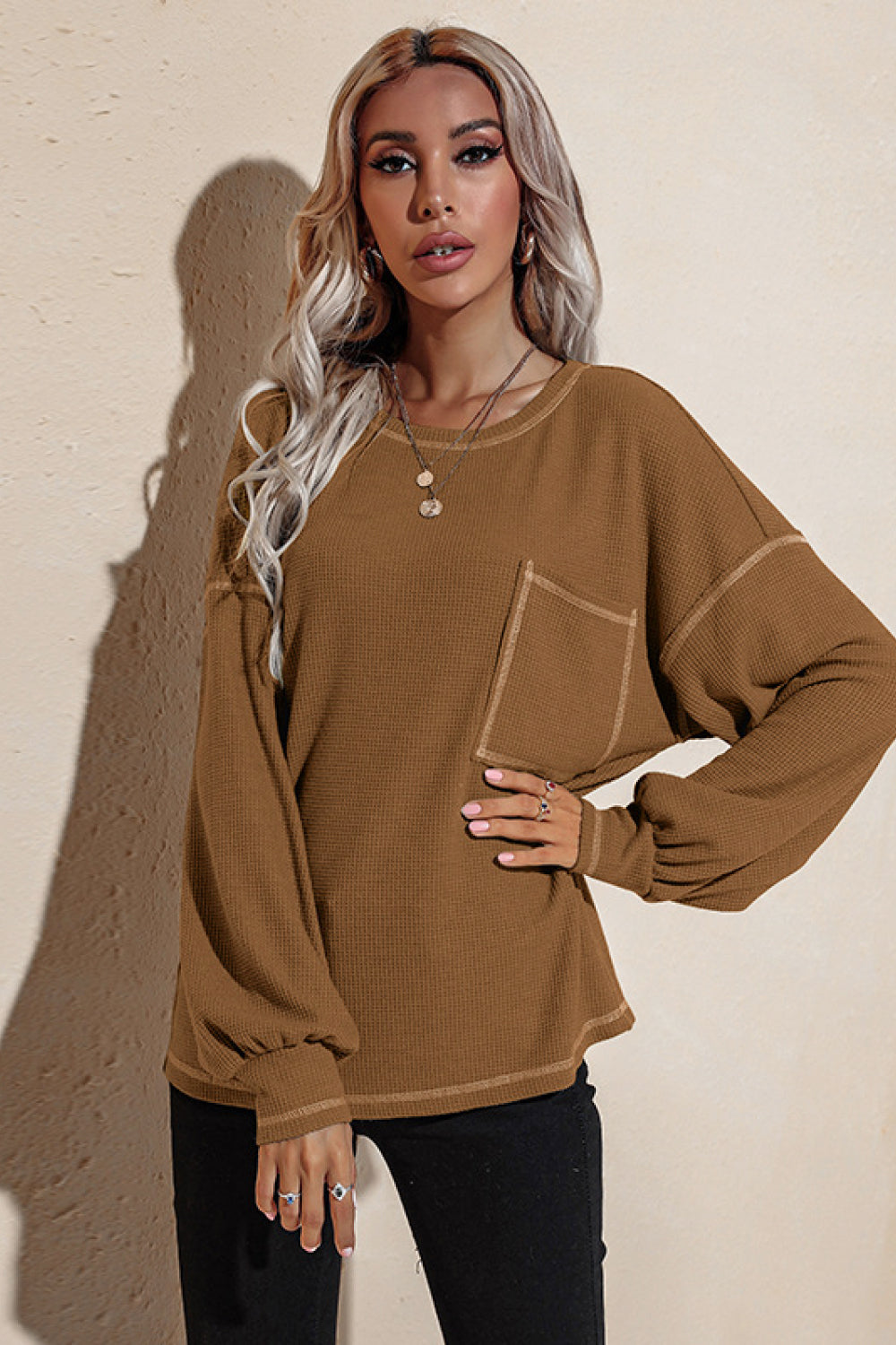 Contrast binding Drop Shoulder Waffle Top