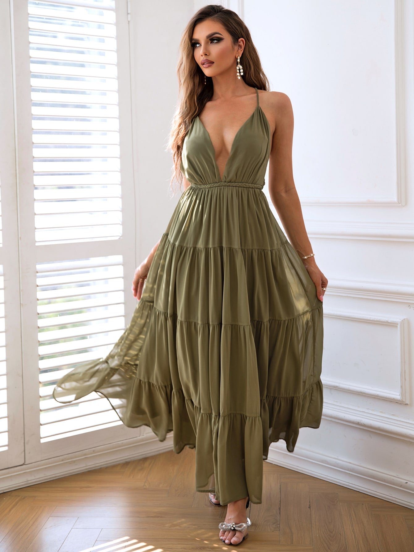 Cutout Halter Neck Backless Pleated Dress
