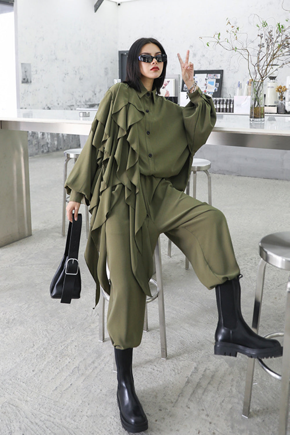 Ruffled Bishop Sleeve Shirt and Wide Leg Pants Set