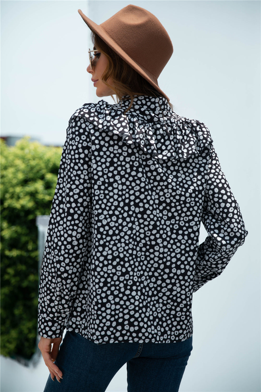 Frill Trim Buttoned Stand Collar Blouse - Absolute Fashion 2020