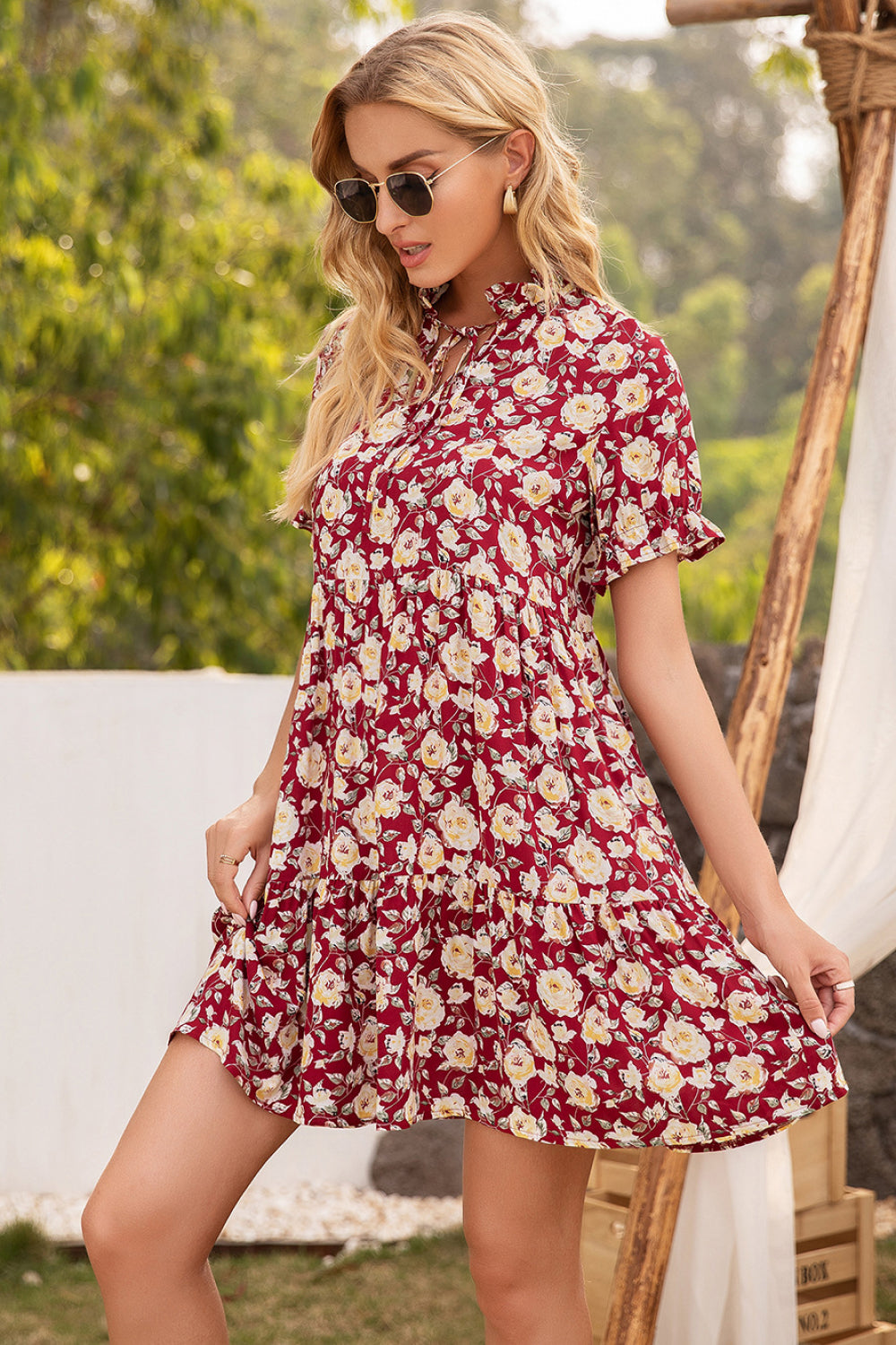 Floral Ruffle Trim Tie-Neck Dress - Absolute Fashion 2020