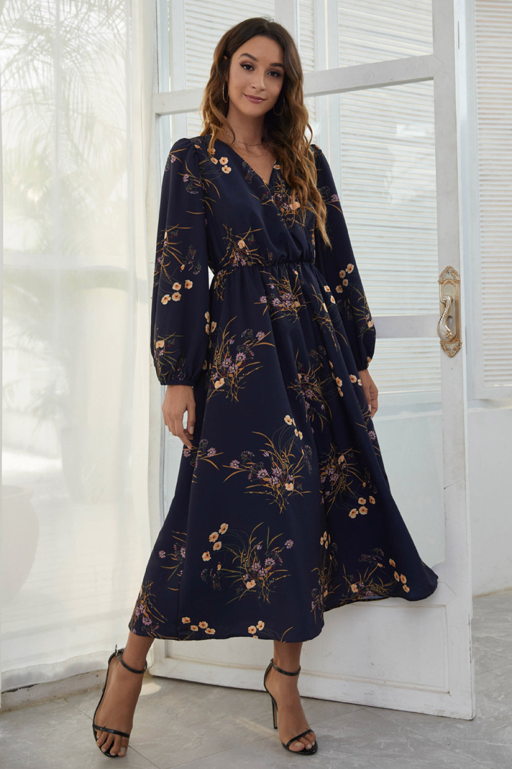 Floral V-Neck Elastic Waist Dress