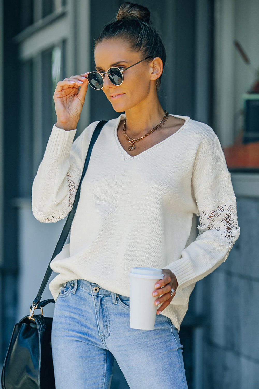 Lace Up Sleeve Drop Shoulder Sweater