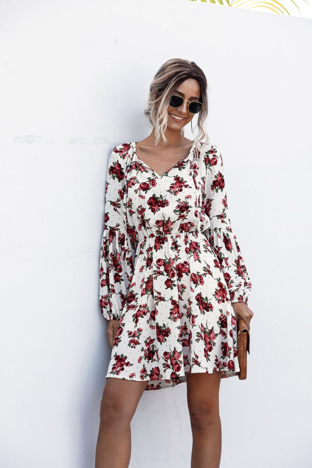 Floral Print Bell Sleeve Tie-Neck Dress