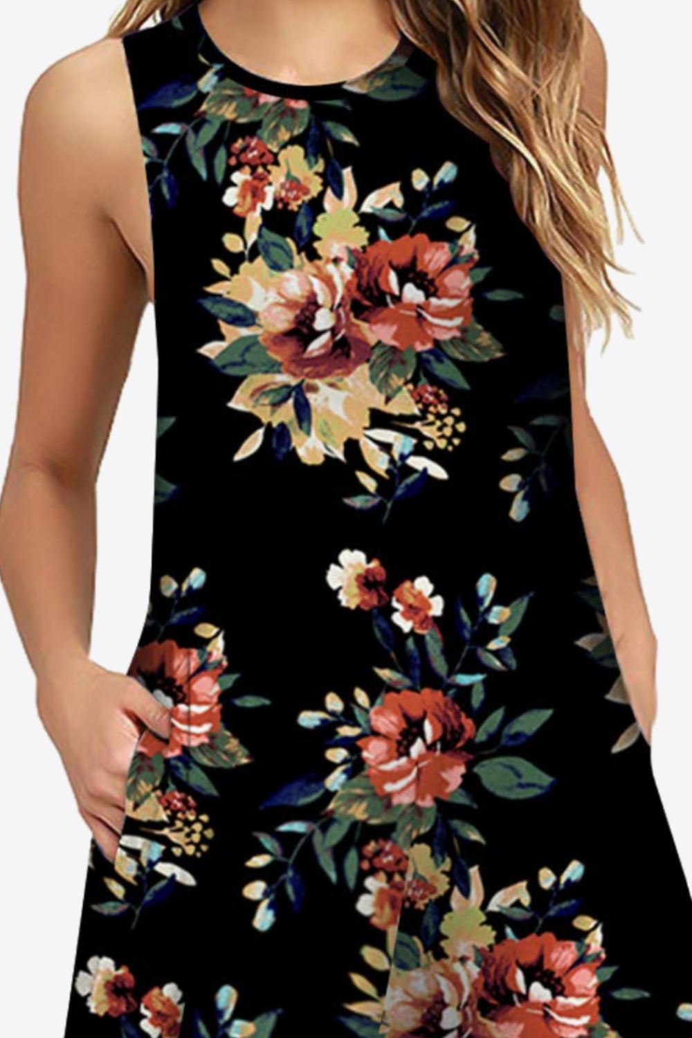 Full Size Printed Round Neck Sleeveless Dress