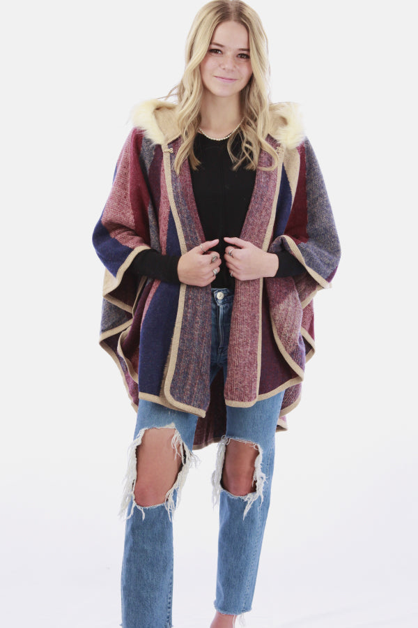 Faux Fur Collar Poncho