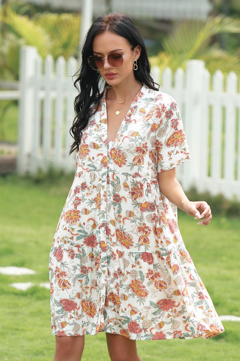 Full Size Floral V-neckline Dress