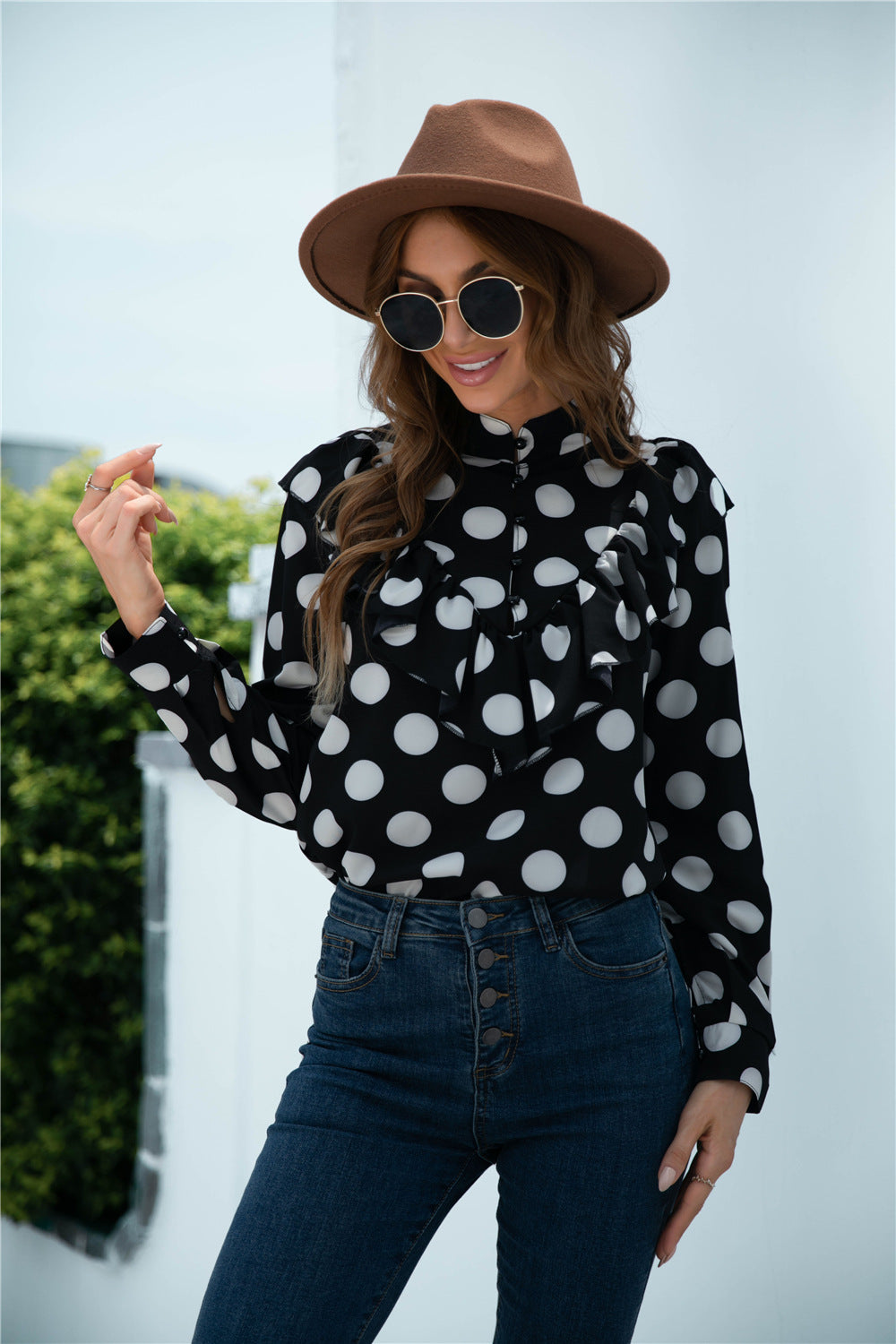 Frill Trim Buttoned Stand Collar Blouse - Absolute Fashion 2020