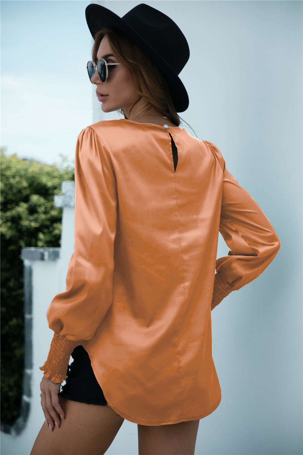 Ruched Round Neck Keyhole Back Blouse - Absolute Fashion 2020