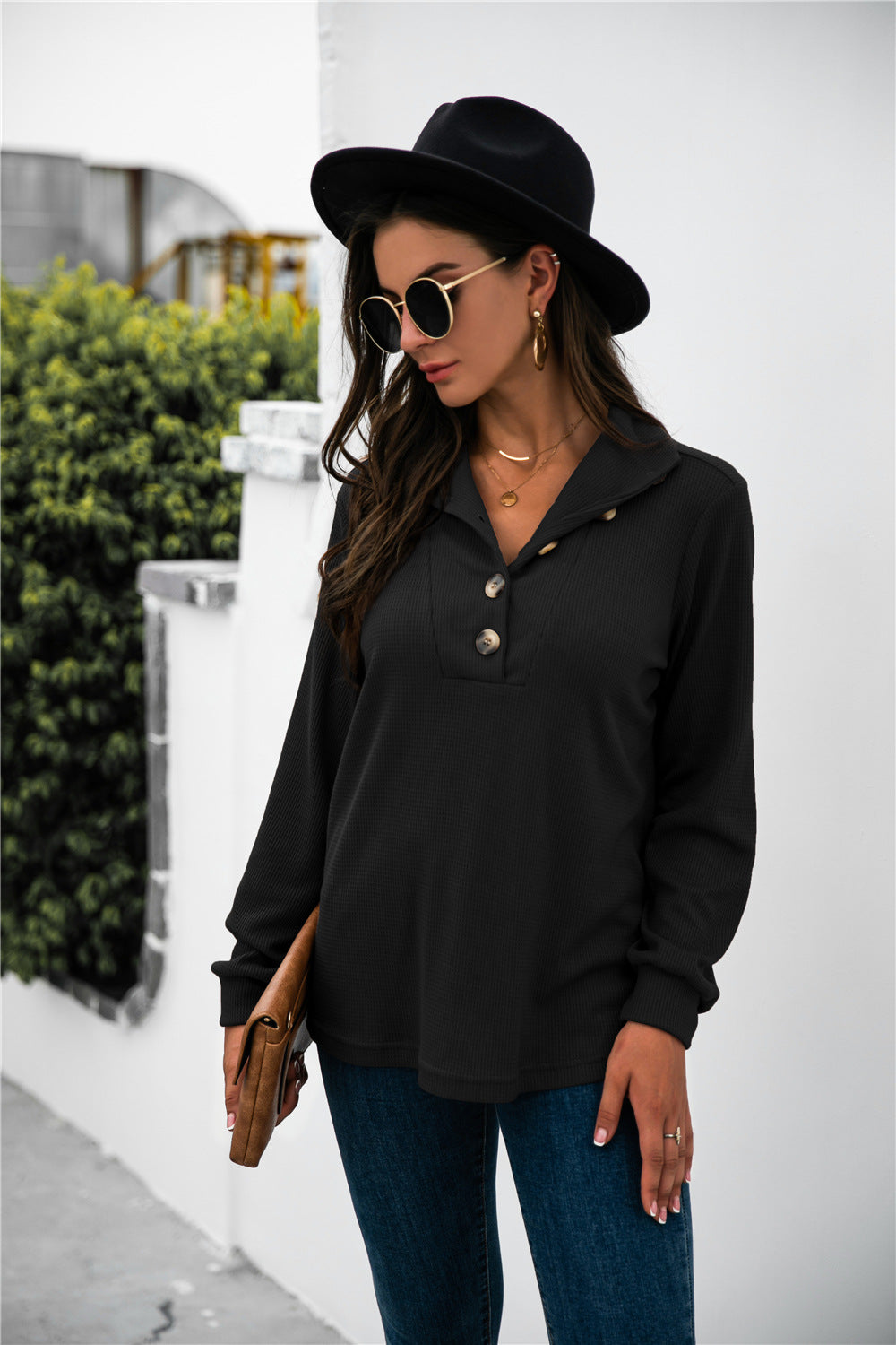 Button Lapel Collar Half Placket Top - Absolute Fashion 2020