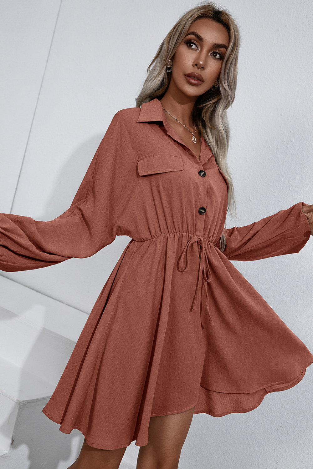 Collared Tie Waist Button Up Shirt Dress - Absolute Fashion 2020