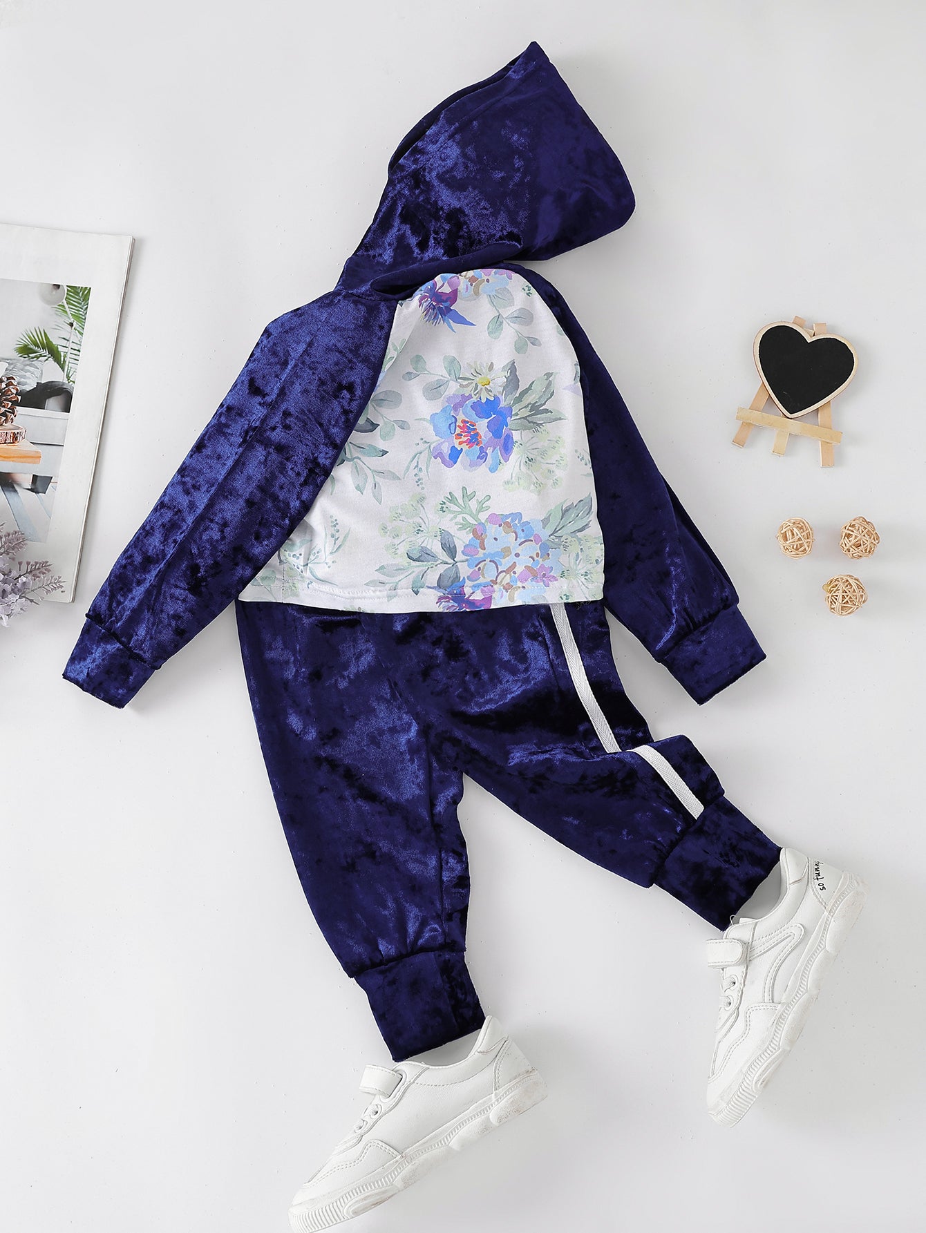 Girls Floral Hoodie and Side Stripe Pants Set