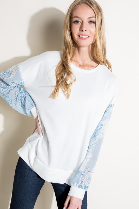 Floral Print Solid Mixed Volume Sleeve Top
