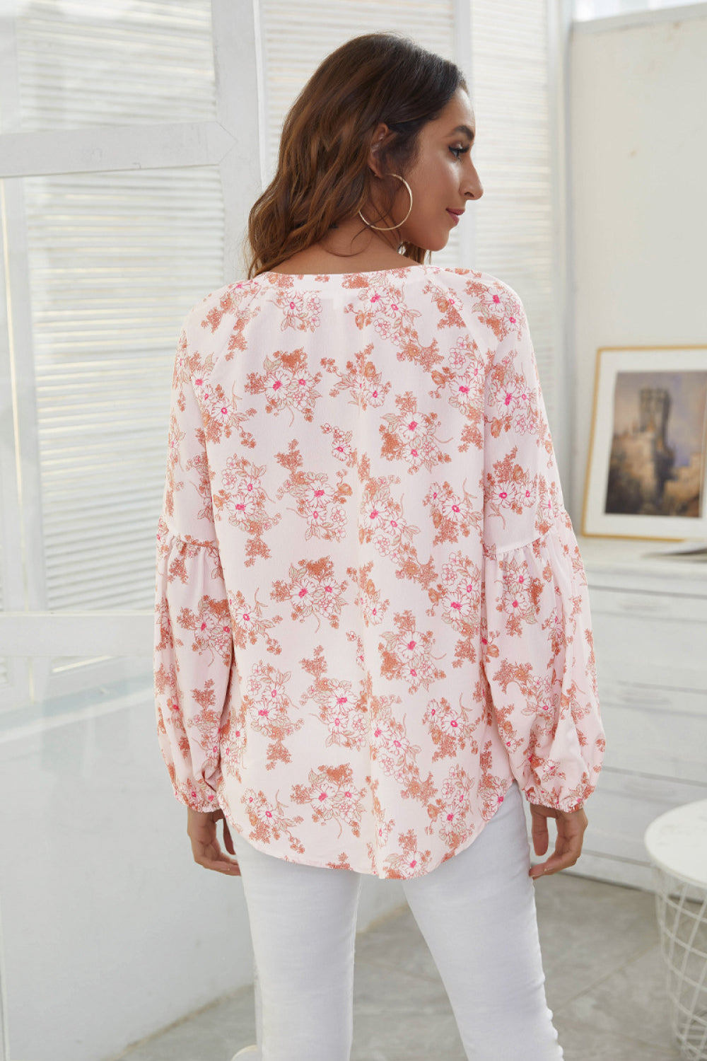 Floral Print V-Neck Bubble Sleeve Blouse