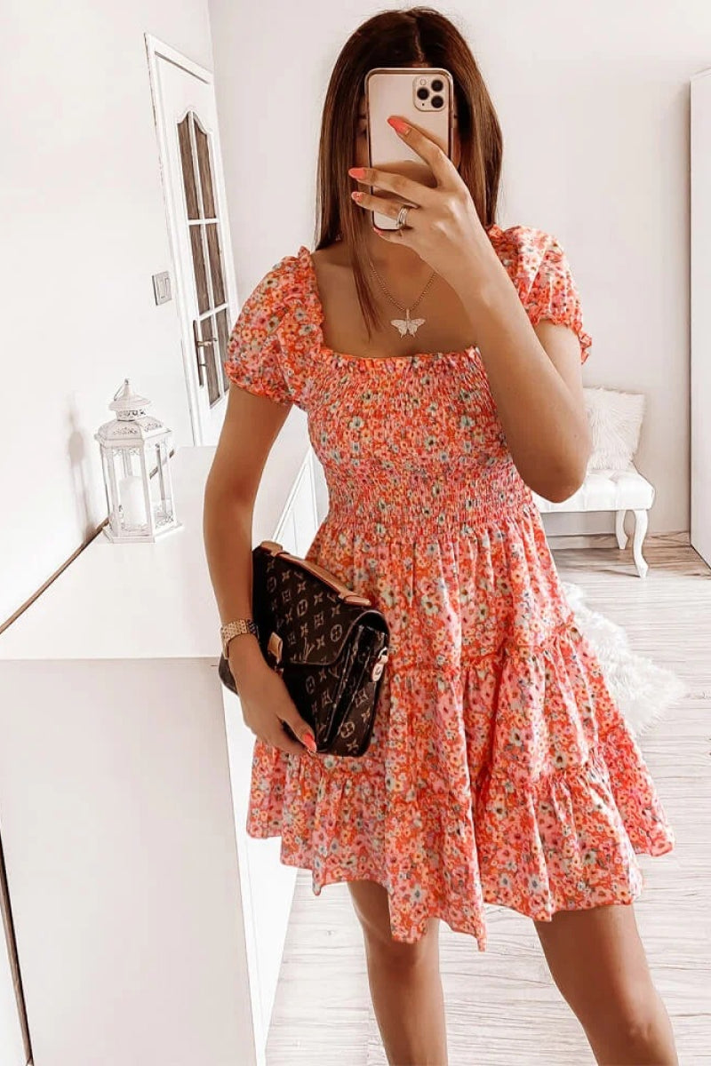 Square Neck Shirred Ruffle Hem Mini Dress - Absolute Fashion 2020