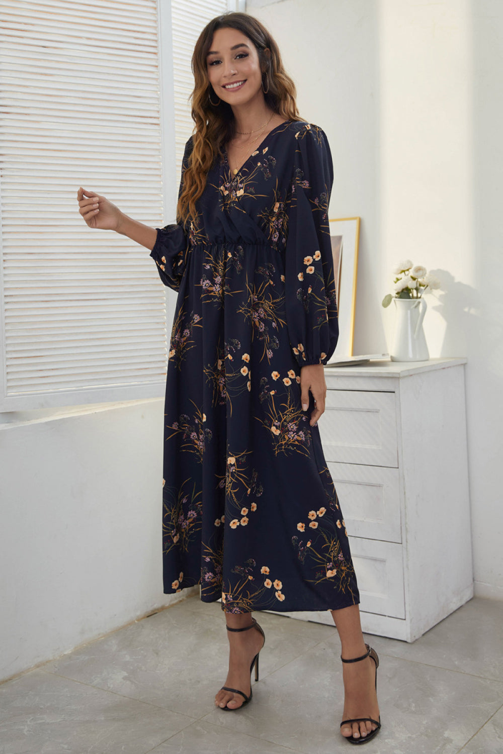 Floral V-Neck Elastic Waist Dress