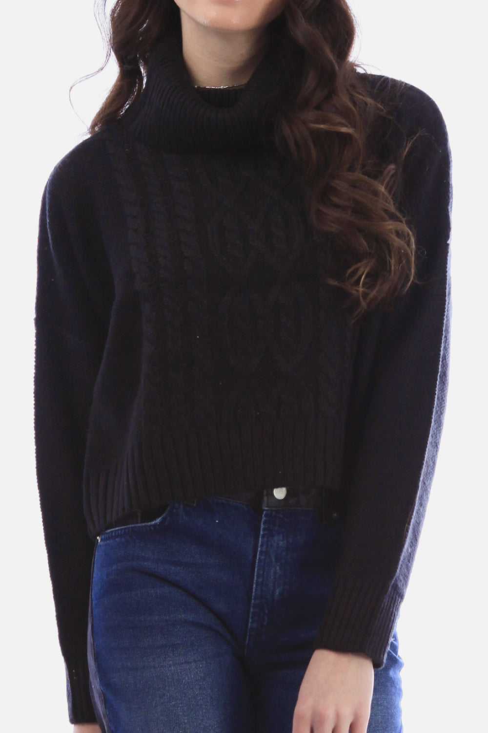 Solid Cable Trim Crop Sweater