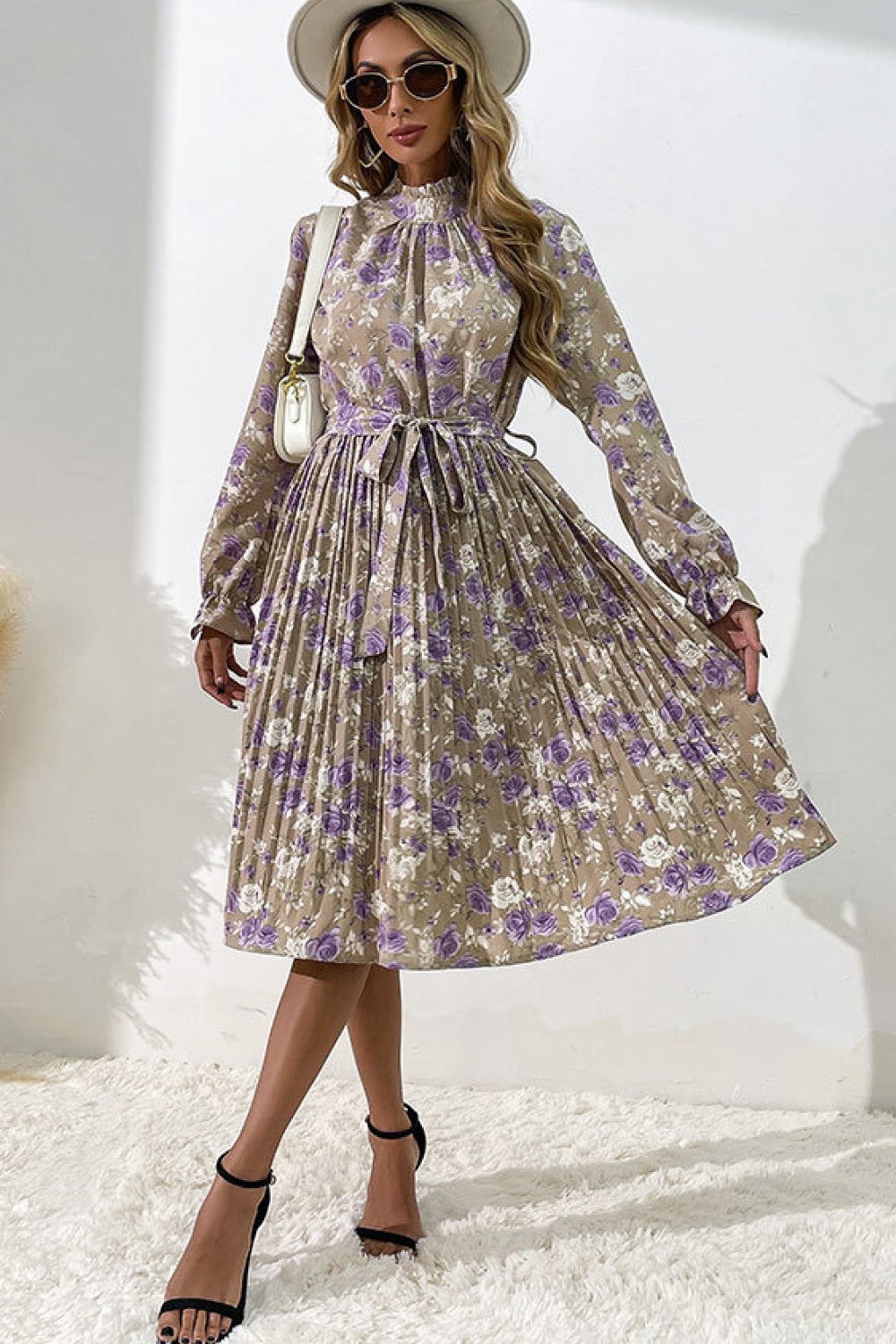 Floral Tie Waist Pleated Dress