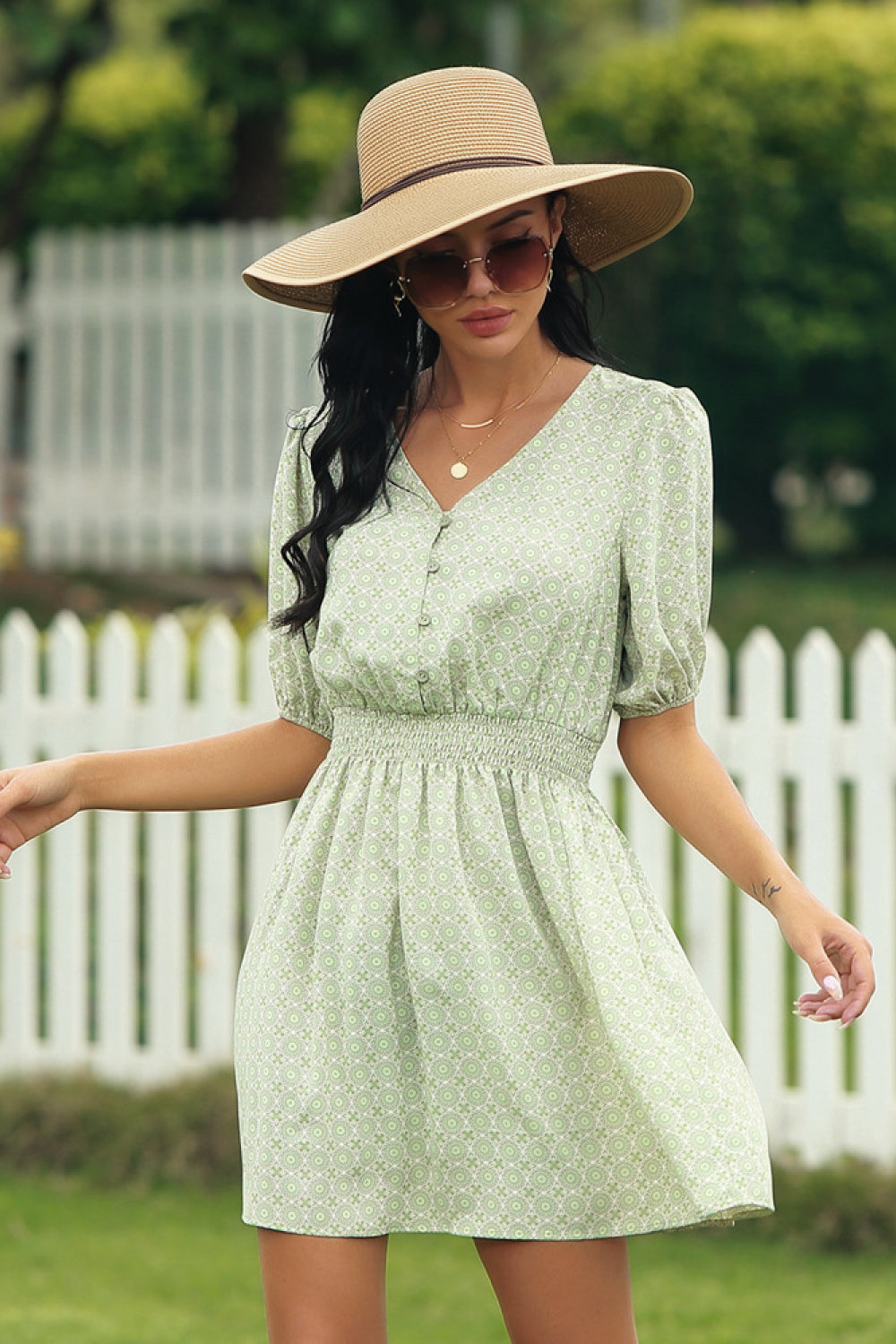 Printed V-neckline Tie Waist Dress