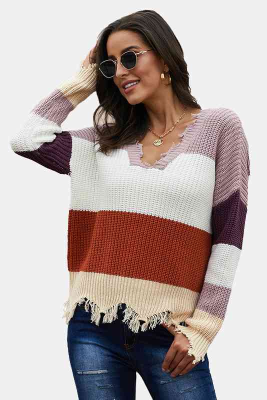 Colorblock Distressed Hem Sweater - Absolute Fashion 2020