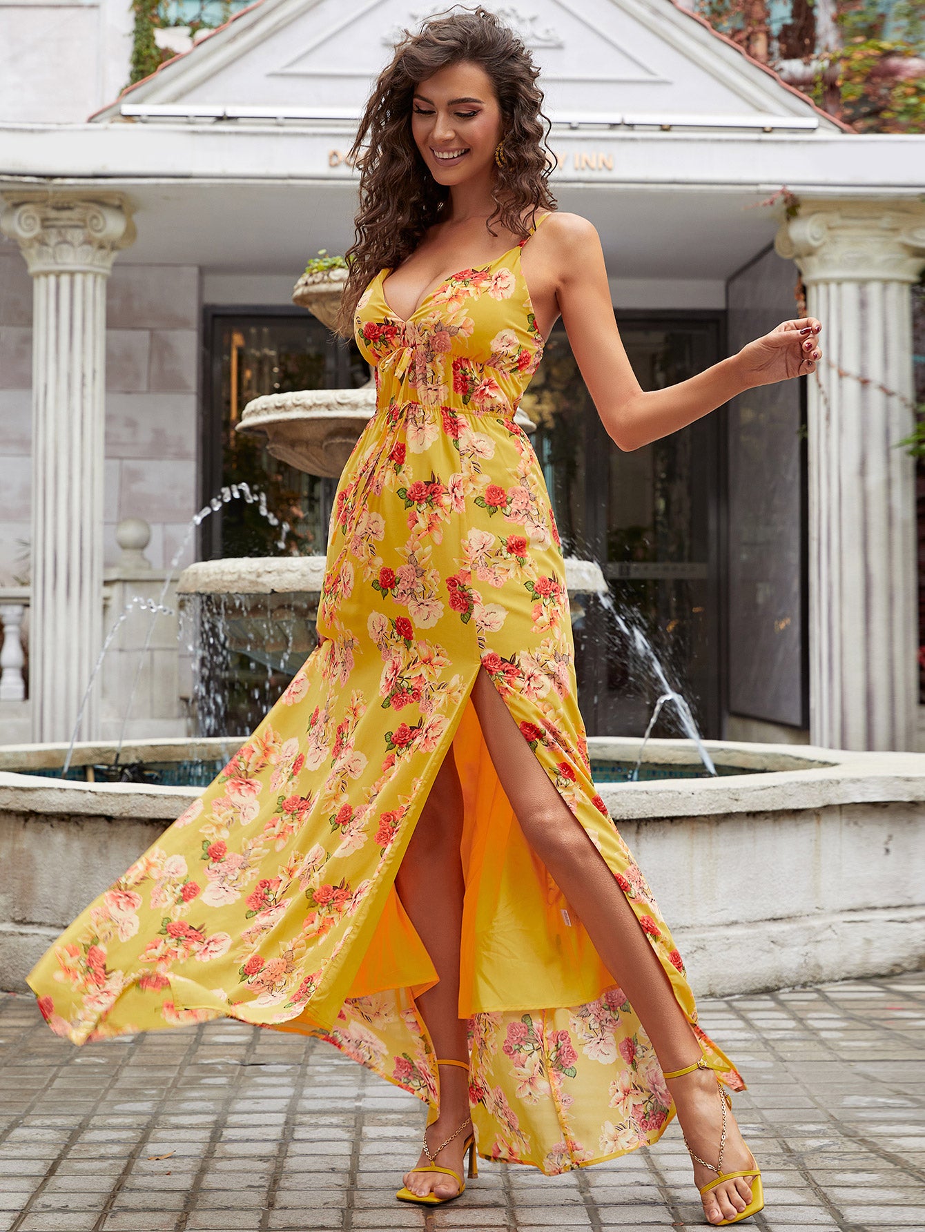 Floral Side Split Spaghetti Strap Maxi Dress