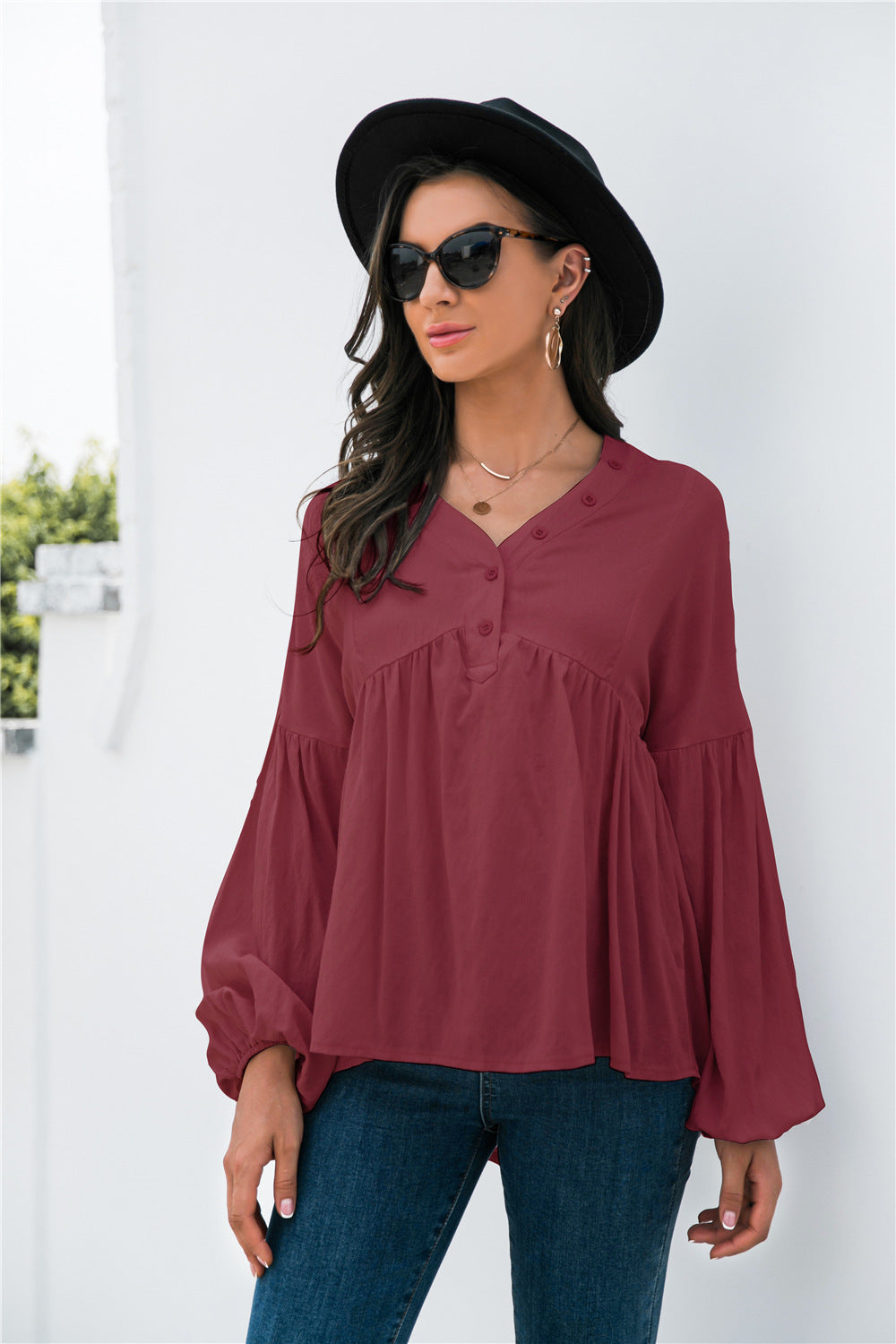 Button Detail Lantern Sleeve Peplum Top - Absolute Fashion 2020