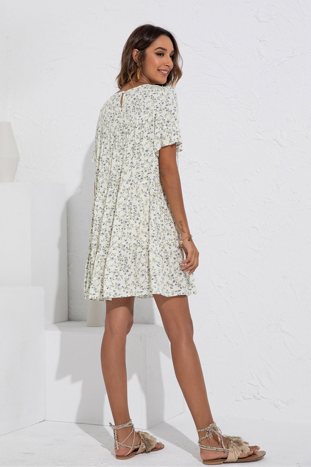 Floral Round Neck Ruffle Sleeve Dress - Absolute Fashion 2020