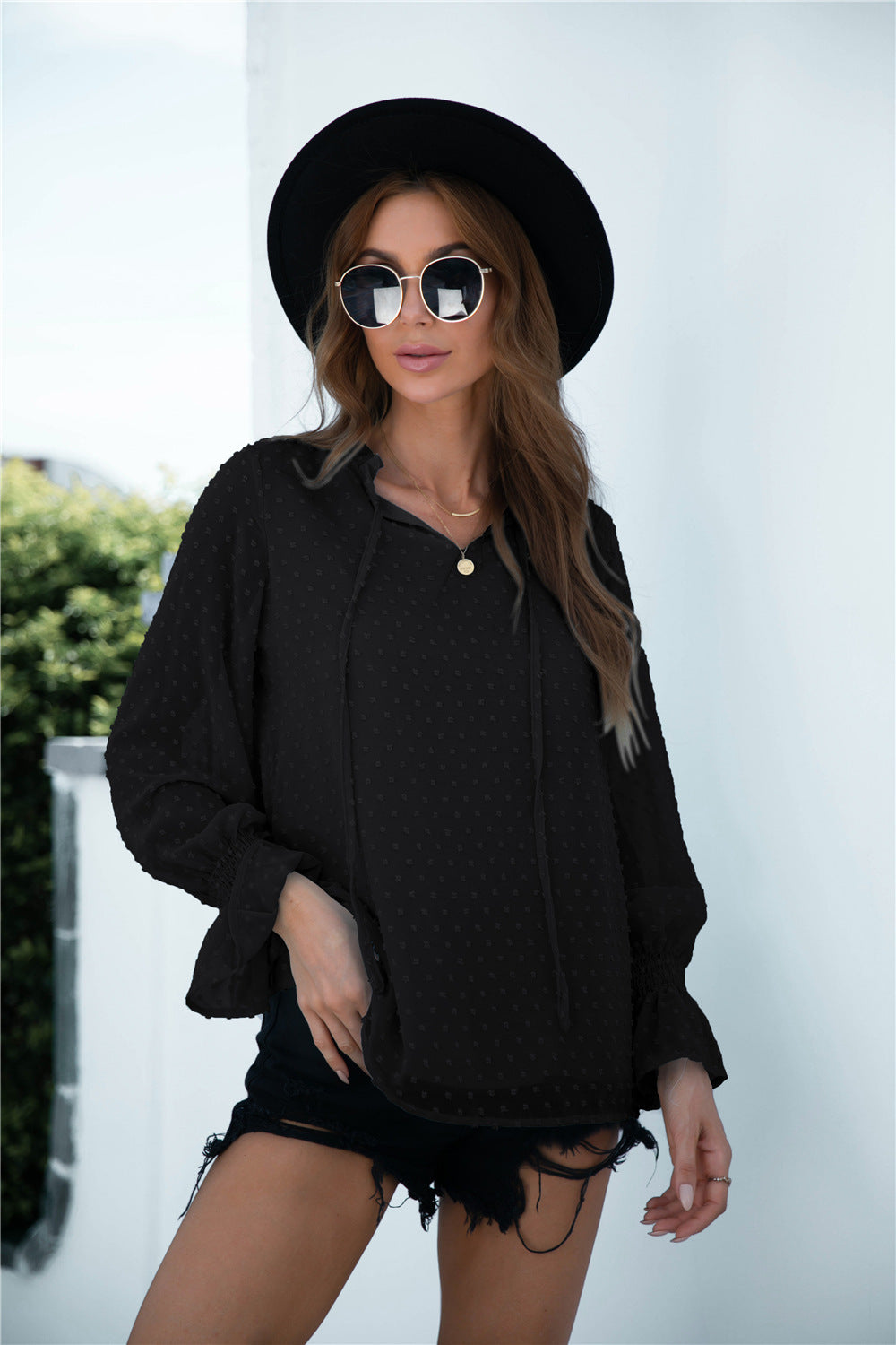 Swiss Dot Flounce Shirred Cuff Blouse - Absolute Fashion 2020