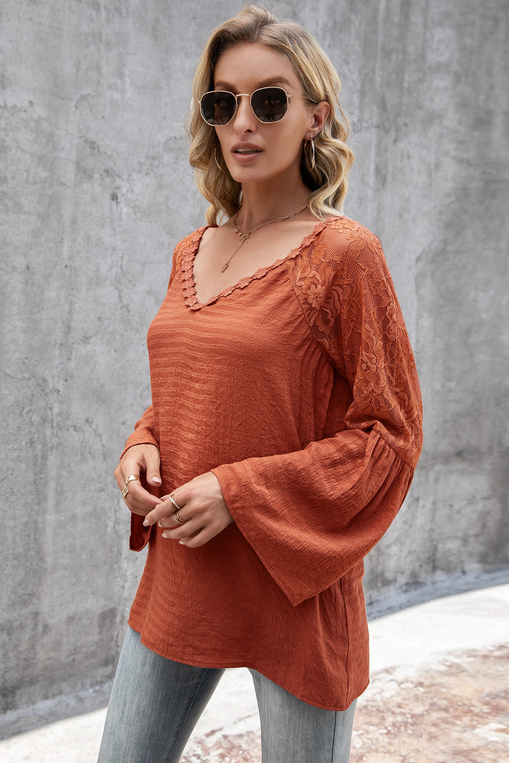Lace Trim Flare Sleeve Top - Absolute Fashion 2020