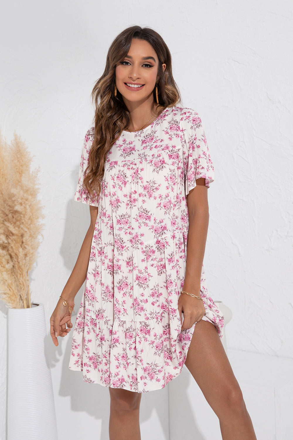 Floral Round Neck Ruffle Sleeve Dress - Absolute Fashion 2020