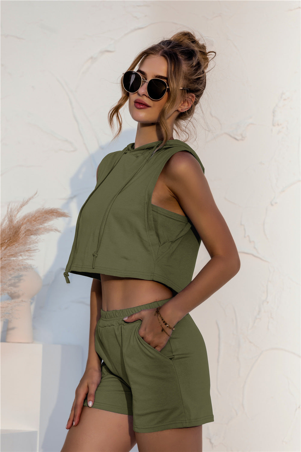 Hooded Crop Top & Pocketed Shorts Set - Absolute Fashion 2020