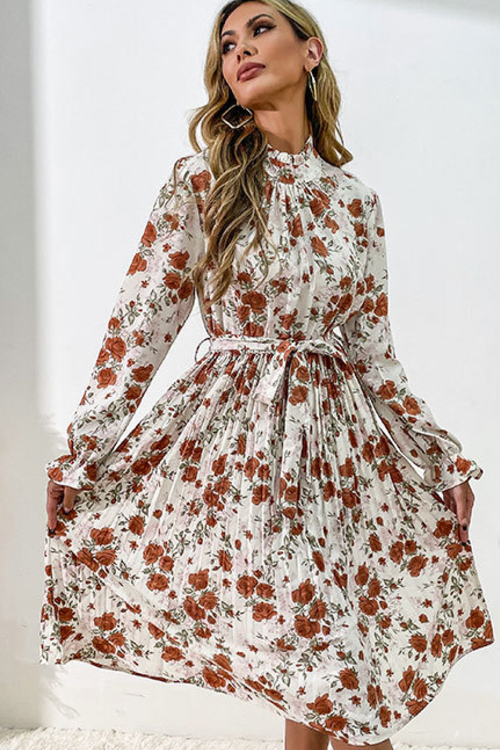 Floral Tie Waist Pleated Dress