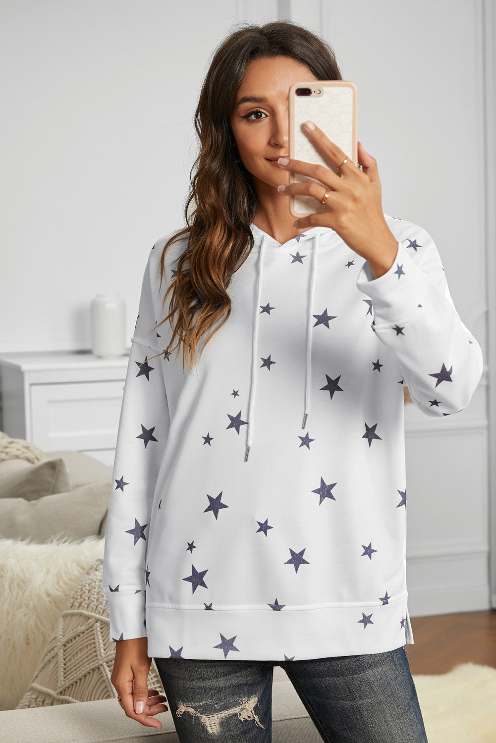 Star Print Long Sleeve Hoodie - Absolute Fashion 2020